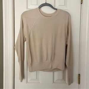 Cream Ribbed Offline Long Sleeve Sweatshirt with Thumb Holes